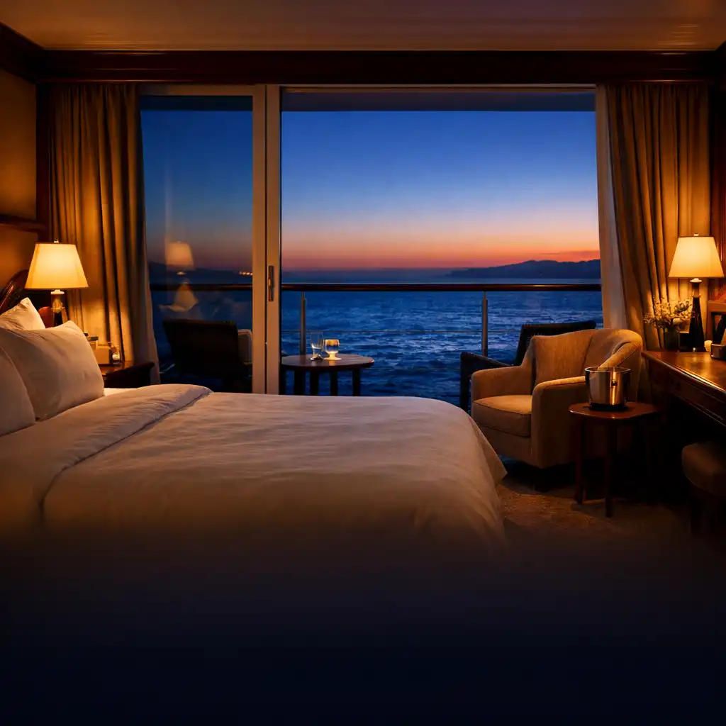Luxury balcony stateroom at dusk with floor-to-ceiling windows overlooking the ocean