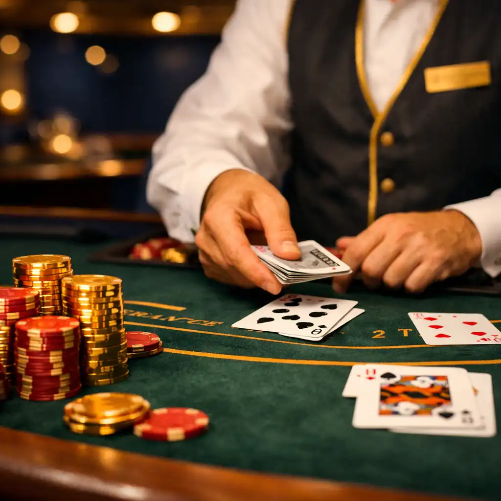 Close-up of a blackjack table on a cruise ship with the dealer's hands dealing cards and stacks of gold and red chips