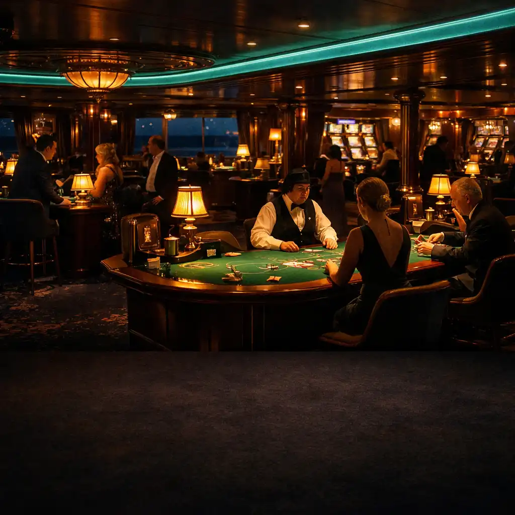 A luxurious cruise ship casino at night with warm amber table lamps, polished brass fixtures, and deep navy shadows