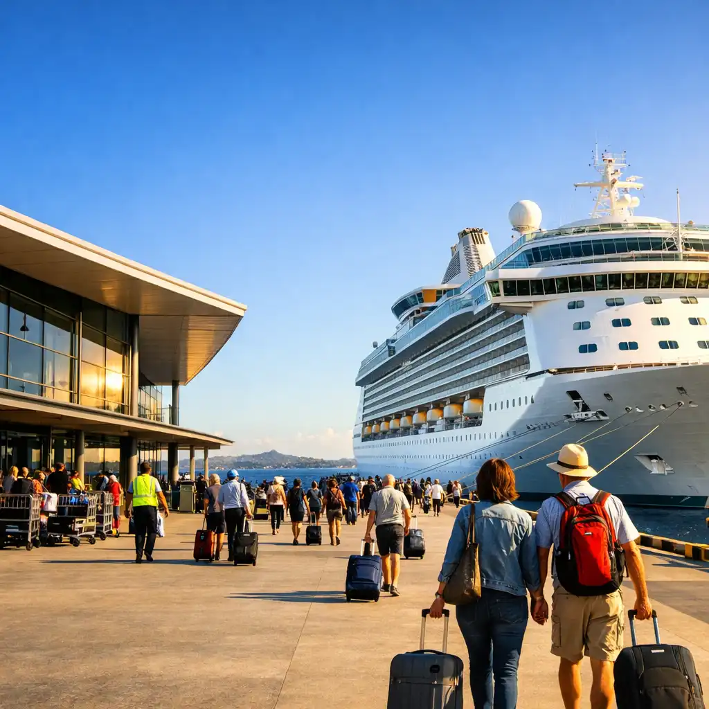 Passengers walking through a modern cruise terminal toward a large white ship on a sunny day