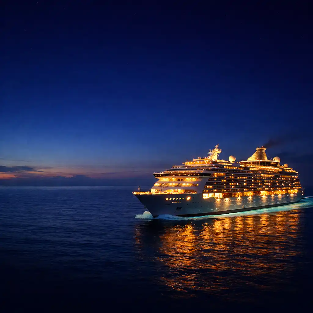 Luxury cruise ship sailing at dusk with warm deck lights reflecting on calm ocean water