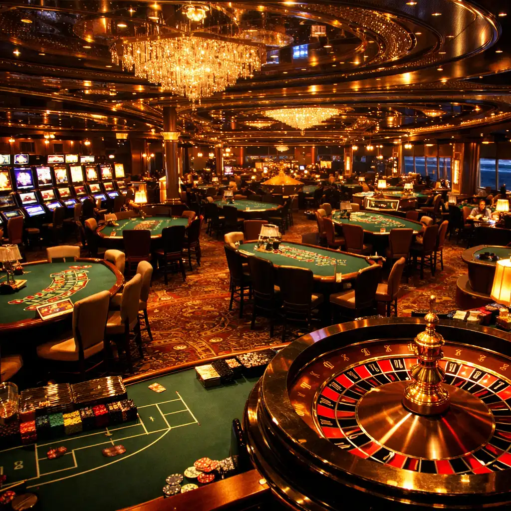 Glittering cruise ship casino floor with slot machines and card tables