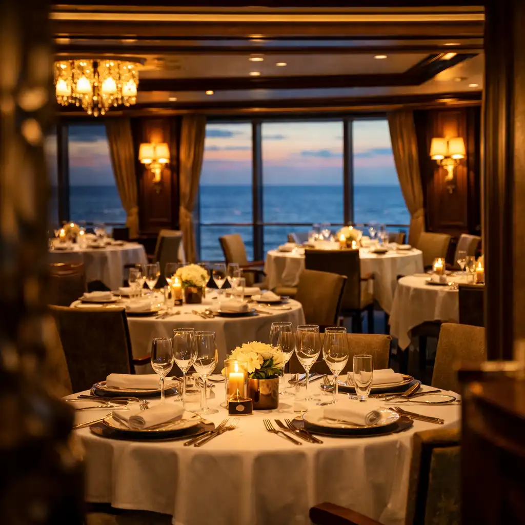 Fine dining restaurant on a cruise ship with elegant table settings and ocean view