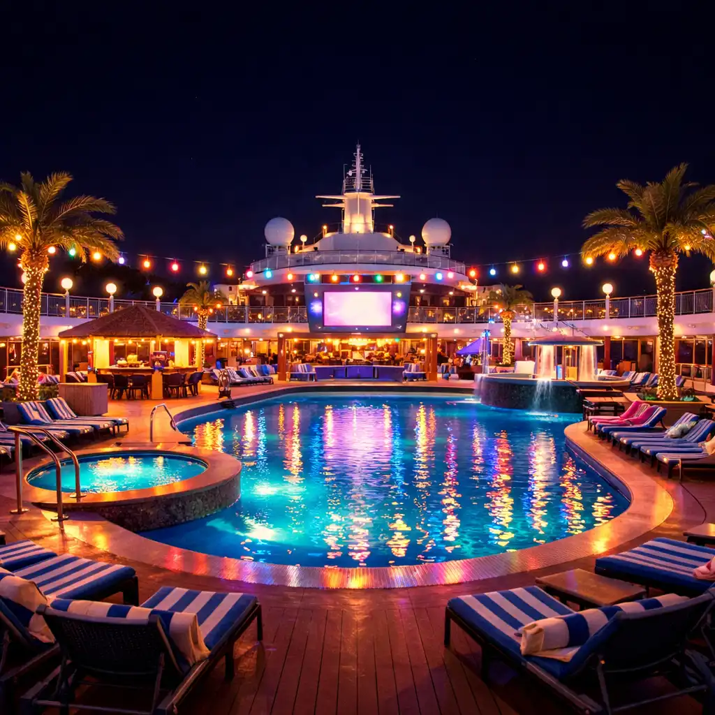 Open-air pool deck on a cruise ship at night with colorful lights