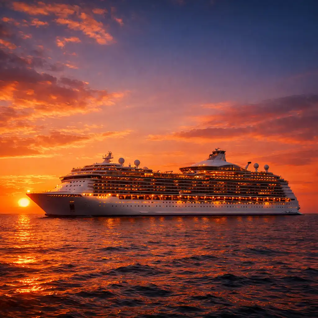 Panoramic view of a cruise ship at sea during sunset