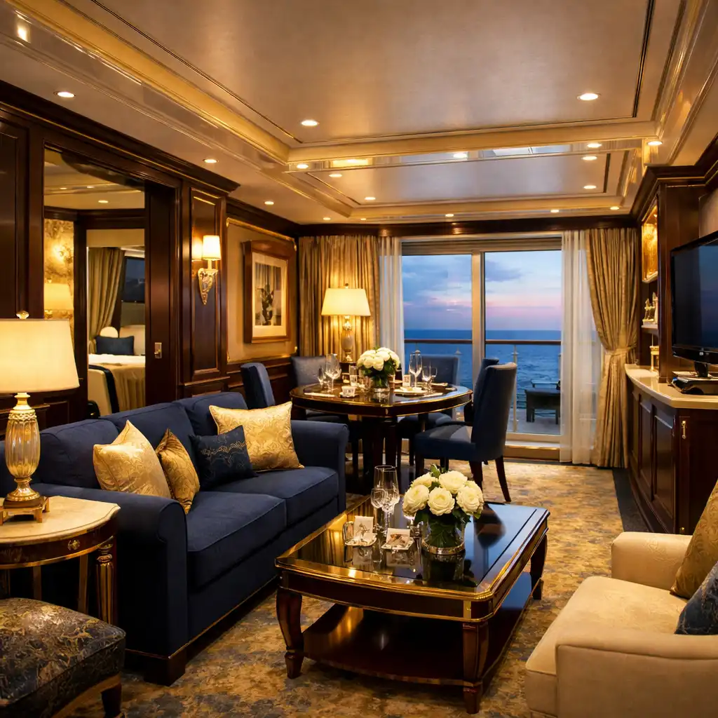 High-end cruise ship suite interior with separate living area and ocean view