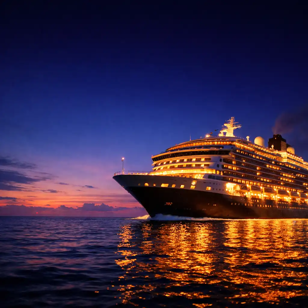 Luxury cruise ship illuminated at twilight on calm ocean water