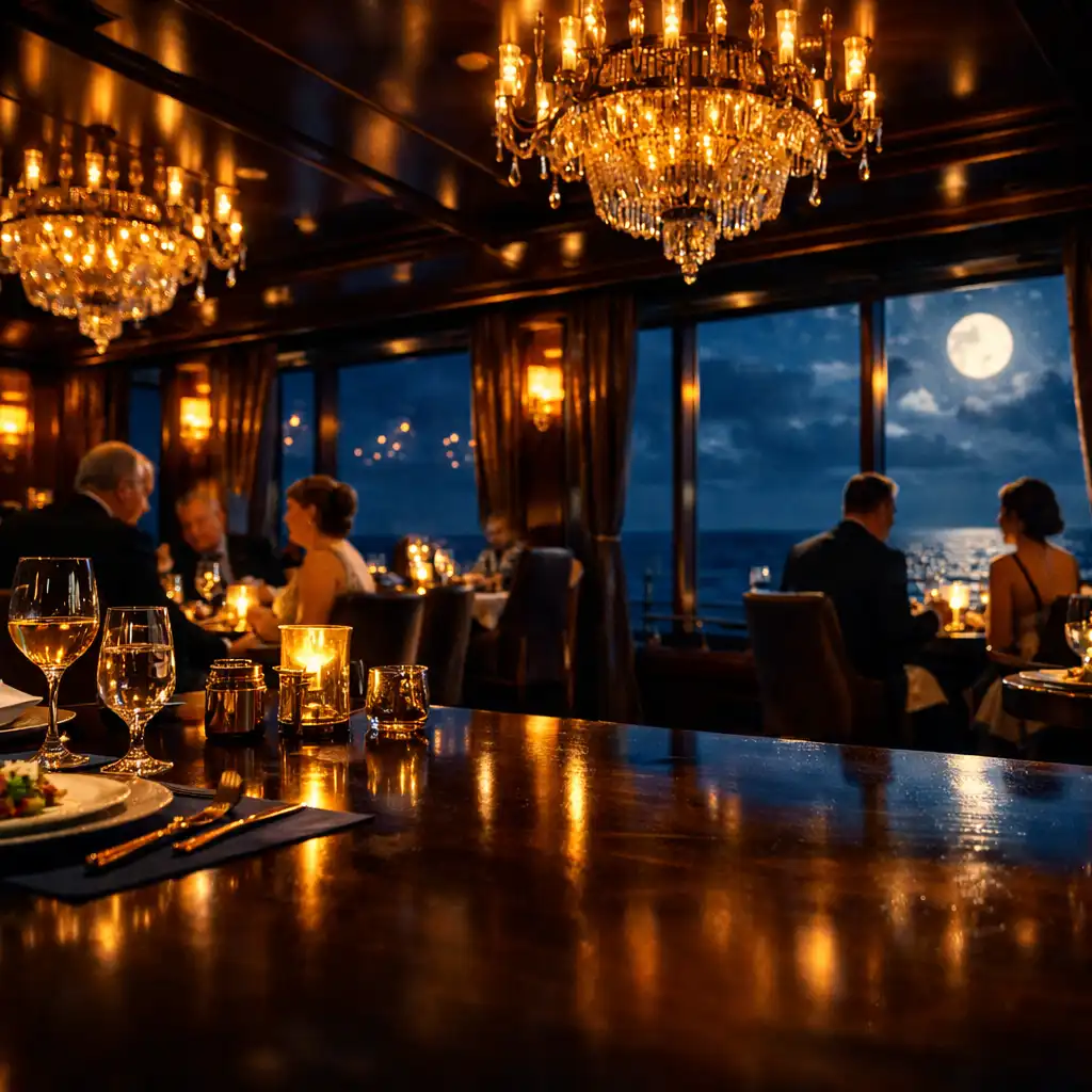 Elegant luxury cruise ship dining room at night with warm amber lighting and ocean views