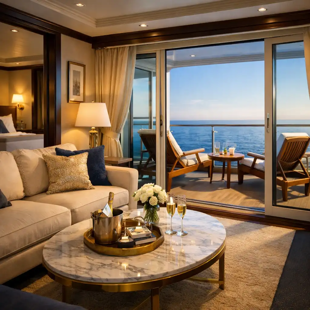 Spacious luxury suite with separate living area and ocean-view balcony