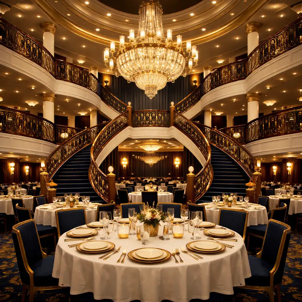 Grand main dining room interior with sweeping staircase and elegant table settings