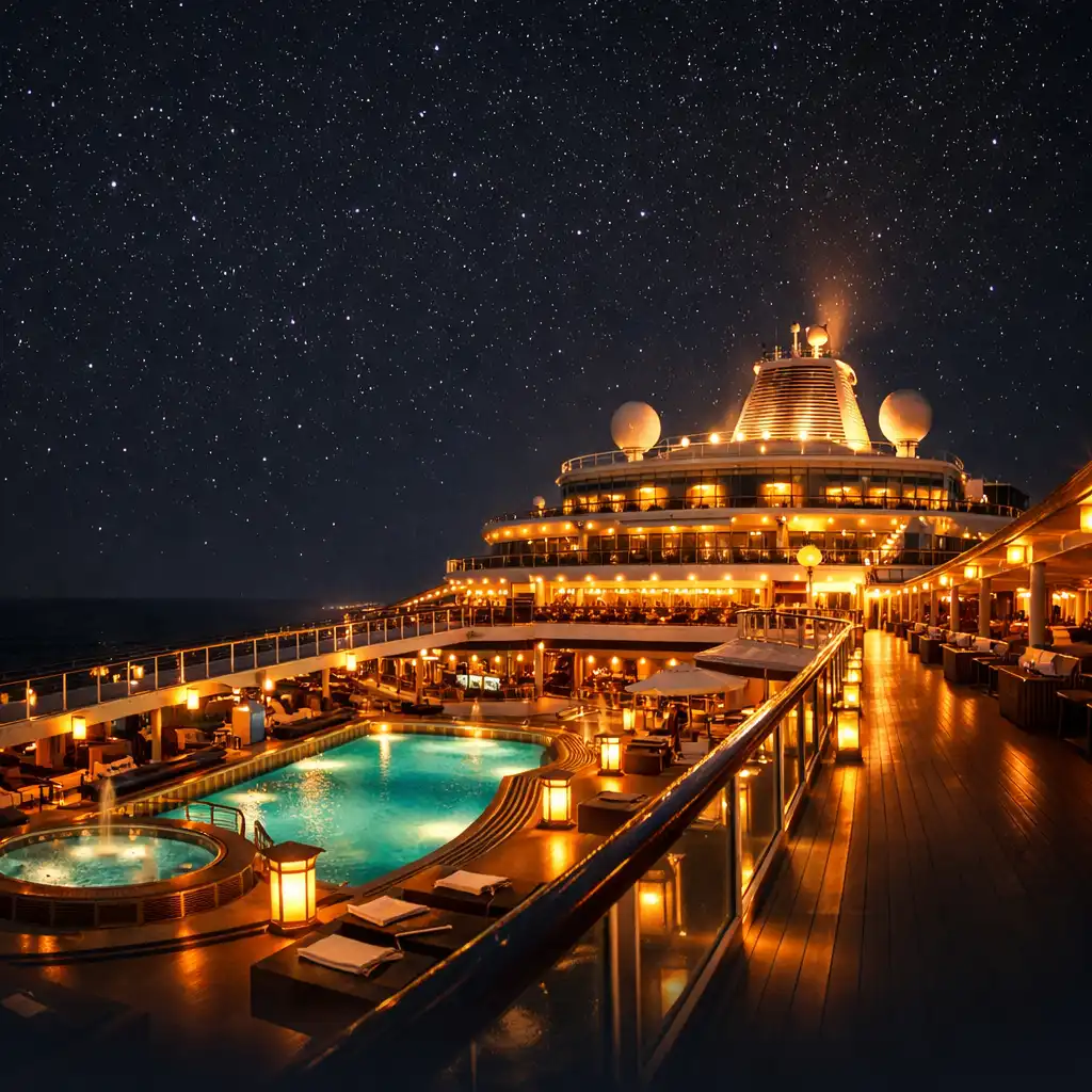 Luxury cruise ship deck at night with warm golden lights reflecting on the calm ocean