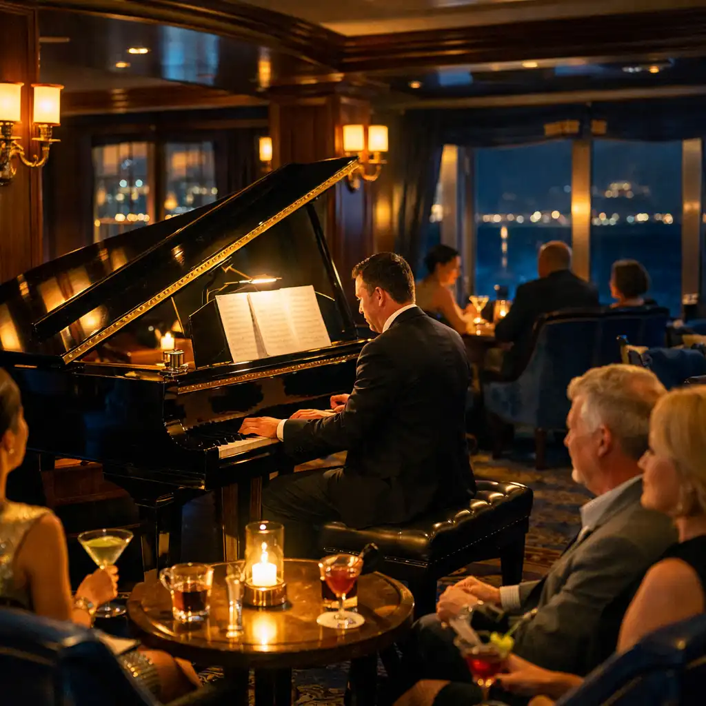Elegant piano bar lounge on a luxury cruise ship with a pianist performing on a grand piano