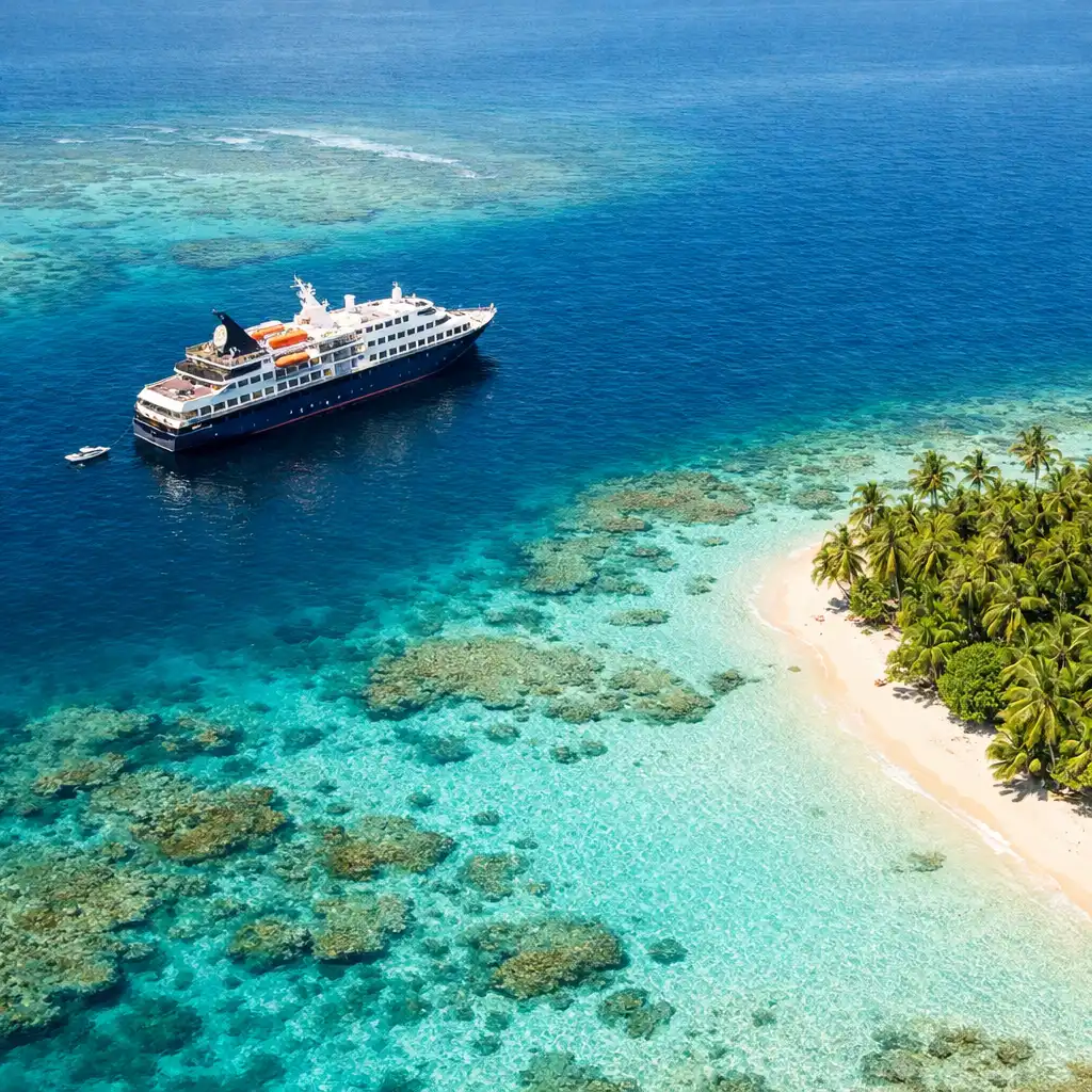 Aerial view of a turquoise South Pacific lagoon with a small cruise ship anchored near a white sand beach fringed by palm trees