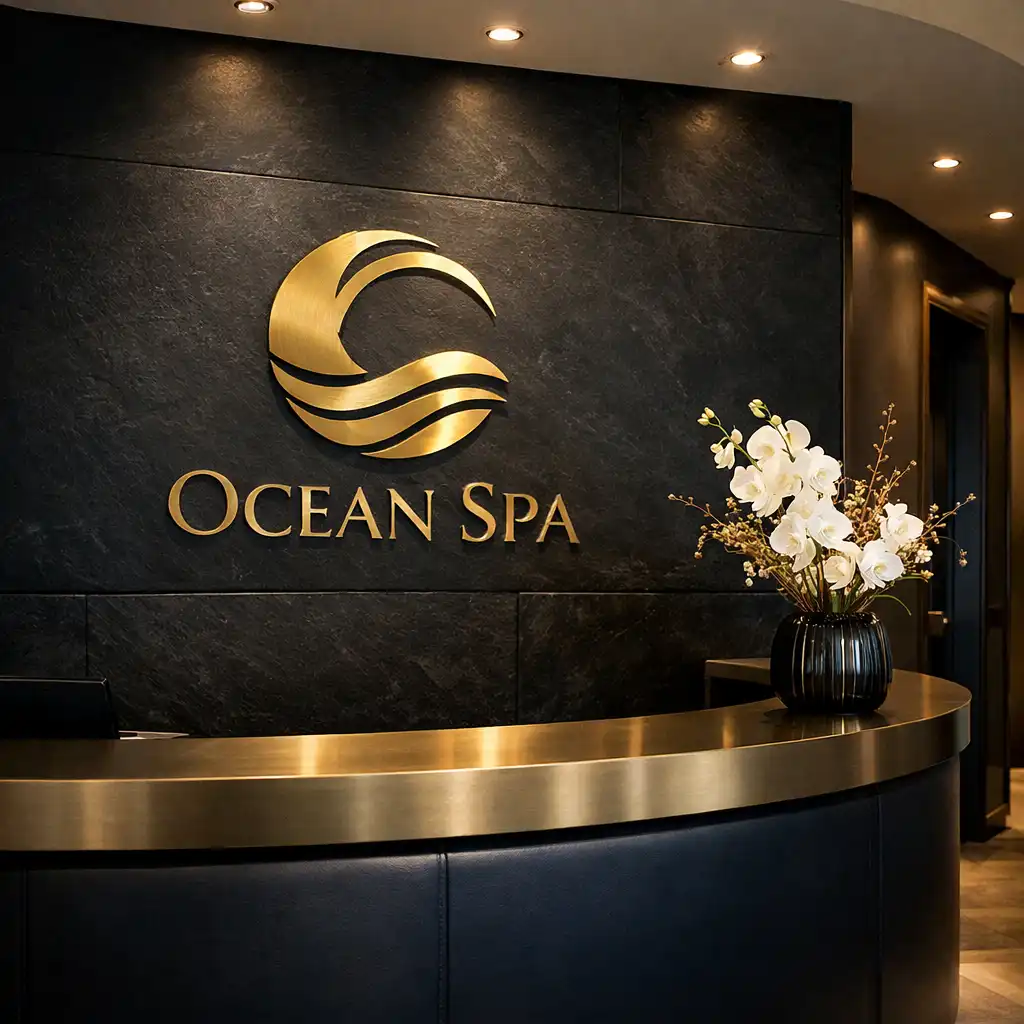Modern cruise ship spa reception area with dark slate walls, brushed gold logo, and minimalist floral arrangement