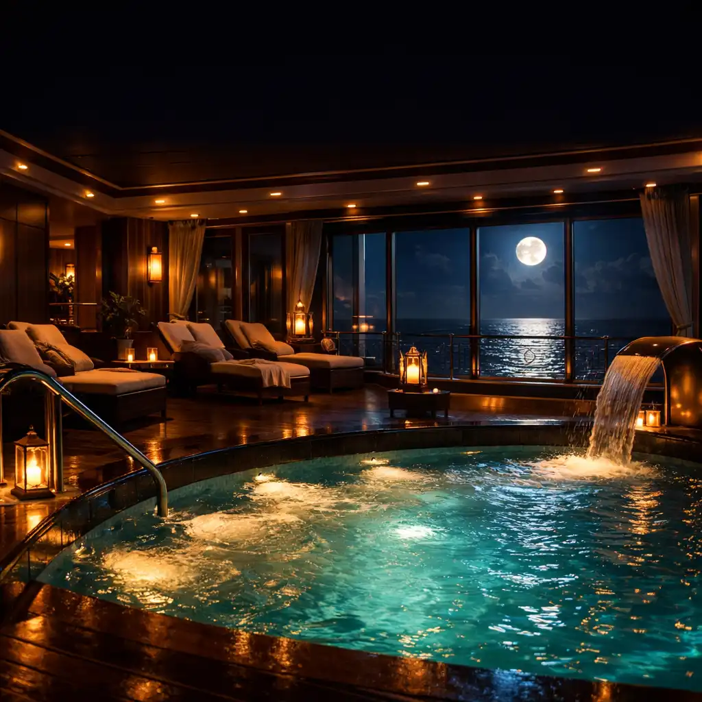 Luxurious cruise ship spa interior with a hydrotherapy pool, warm amber lighting, and moonlit ocean views
