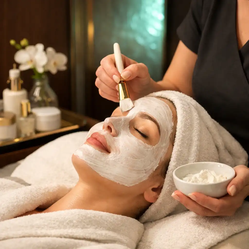 Serene facial treatment room on a luxury cruise ship with a guest reclining and a therapist applying a mask