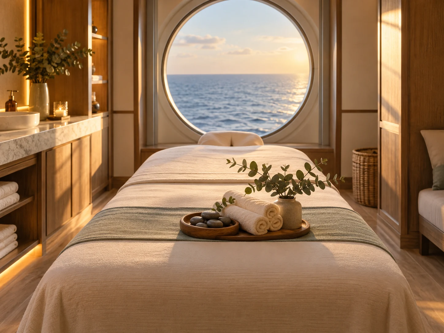 Close-up of a massage treatment on a cruise ship with warm amber lighting and ocean view through a porthole