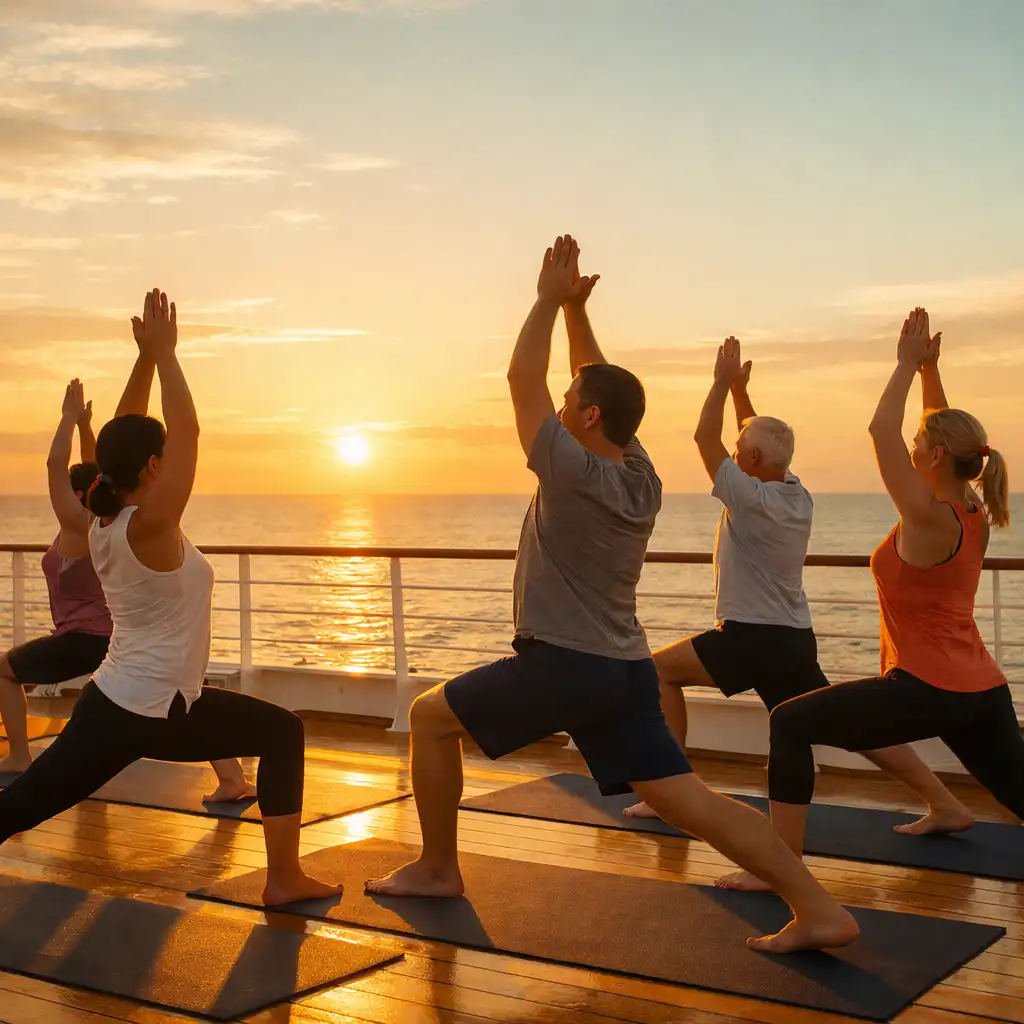 Group of cruise passengers participating in a sunrise yoga class on the ship's top deck with ocean views