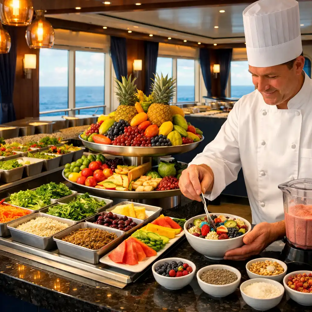Healthy dining spread on a luxury cruise ship with a colourful salad bar, fresh fruit, and a chef preparing a smoothie bowl