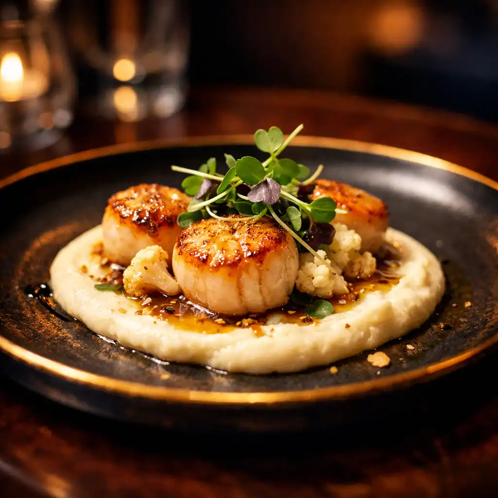 Beautifully plated seared scallops with cauliflower purée in a specialty restaurant