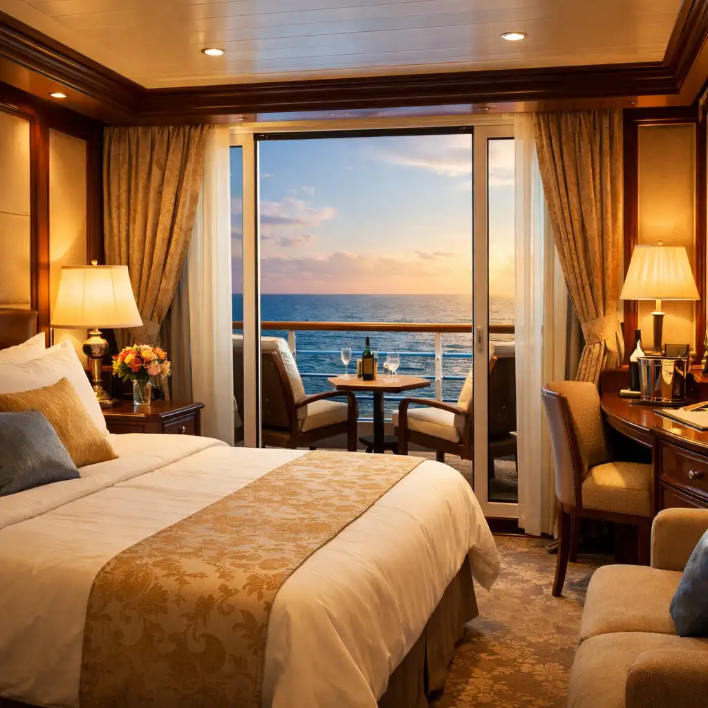 Luxury cruise ship stateroom with private balcony overlooking the ocean