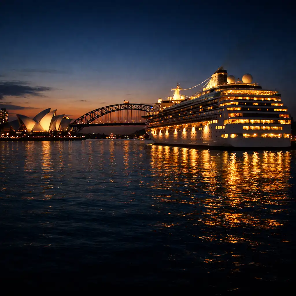 Luxury cruise ship docked in Sydney Harbour at dusk with the Opera House and Harbour Bridge softly lit in the background